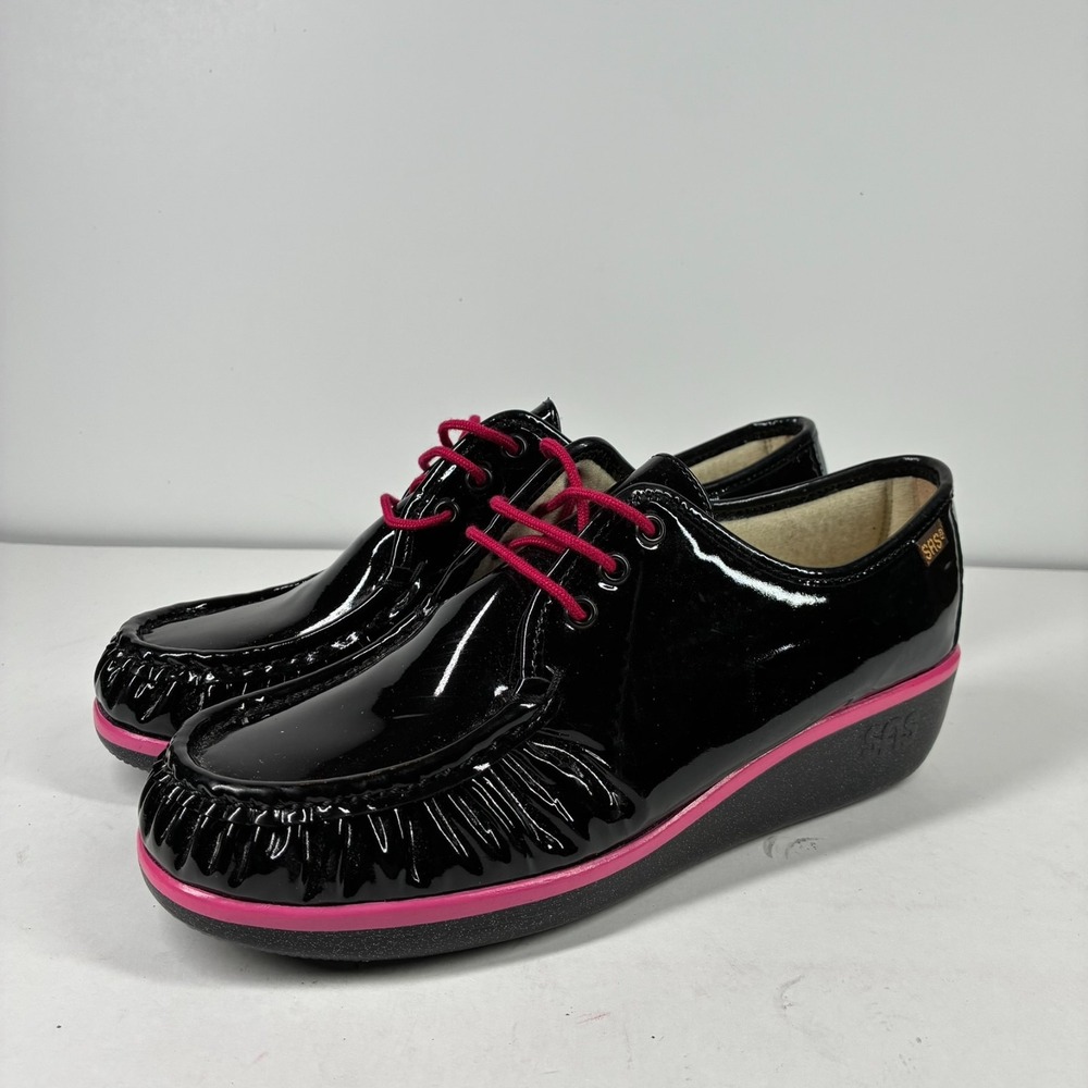 SAS Bounce-C Women's US 9W Wide Black Pink Patent Leather Wedge Oxford Shoes USA